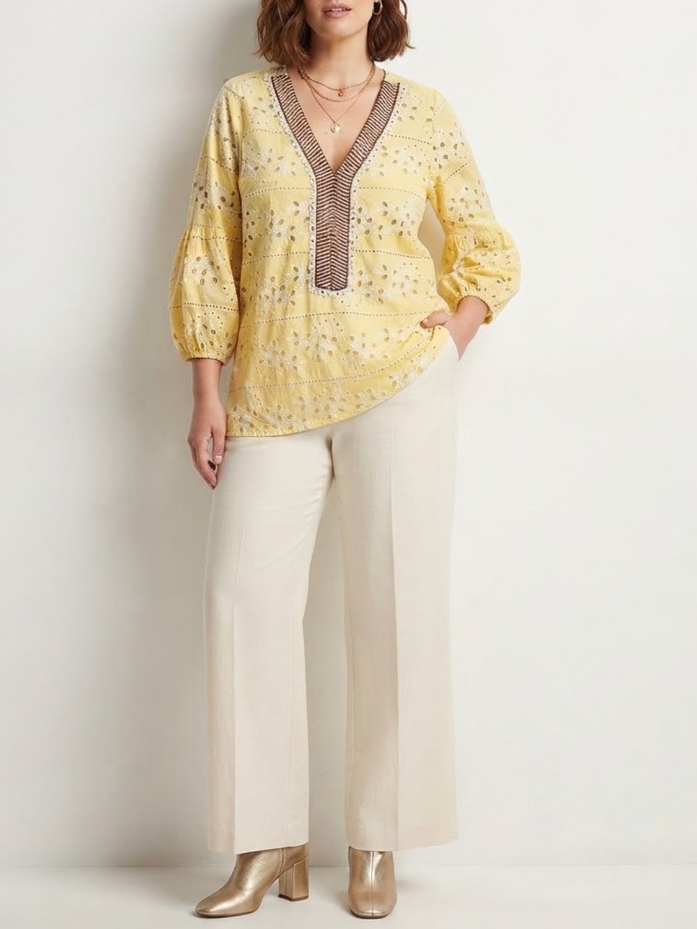 Chico's Yellow Eyelet Embroidered Beaded Blouse Size 2 | Boho Chic Resortwear💛